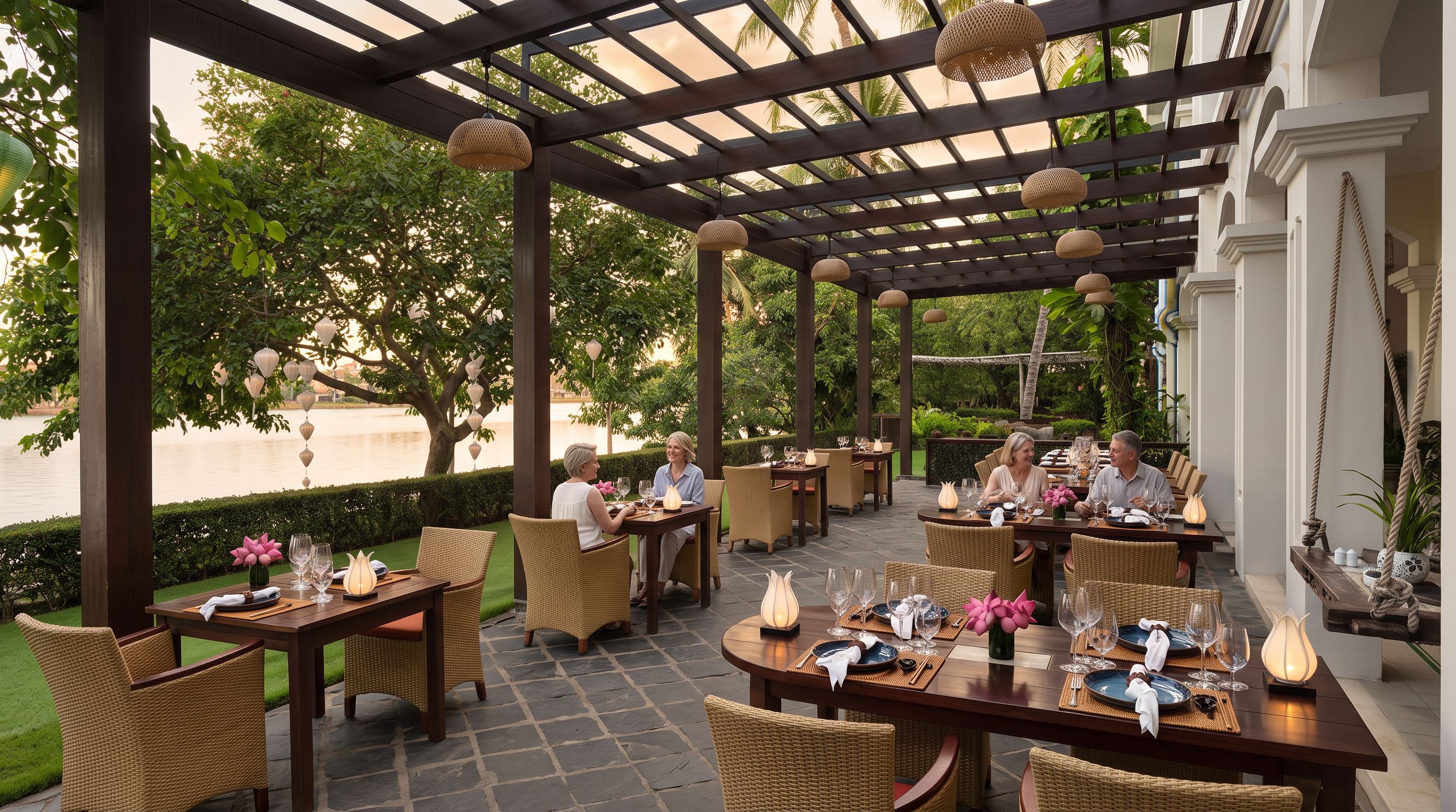 Hoi An shaded riverside cafe seating