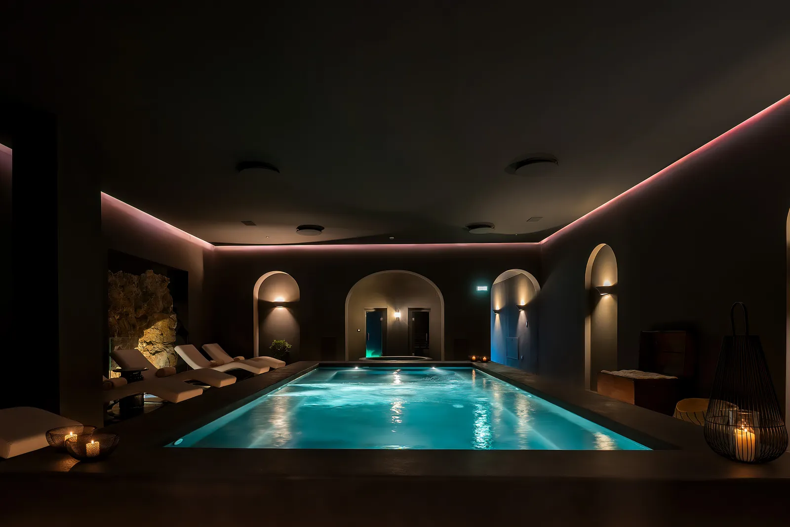 Heated indoor pool of the Petramare Spa at Furore Grand Hotel, with loungers under arched niches