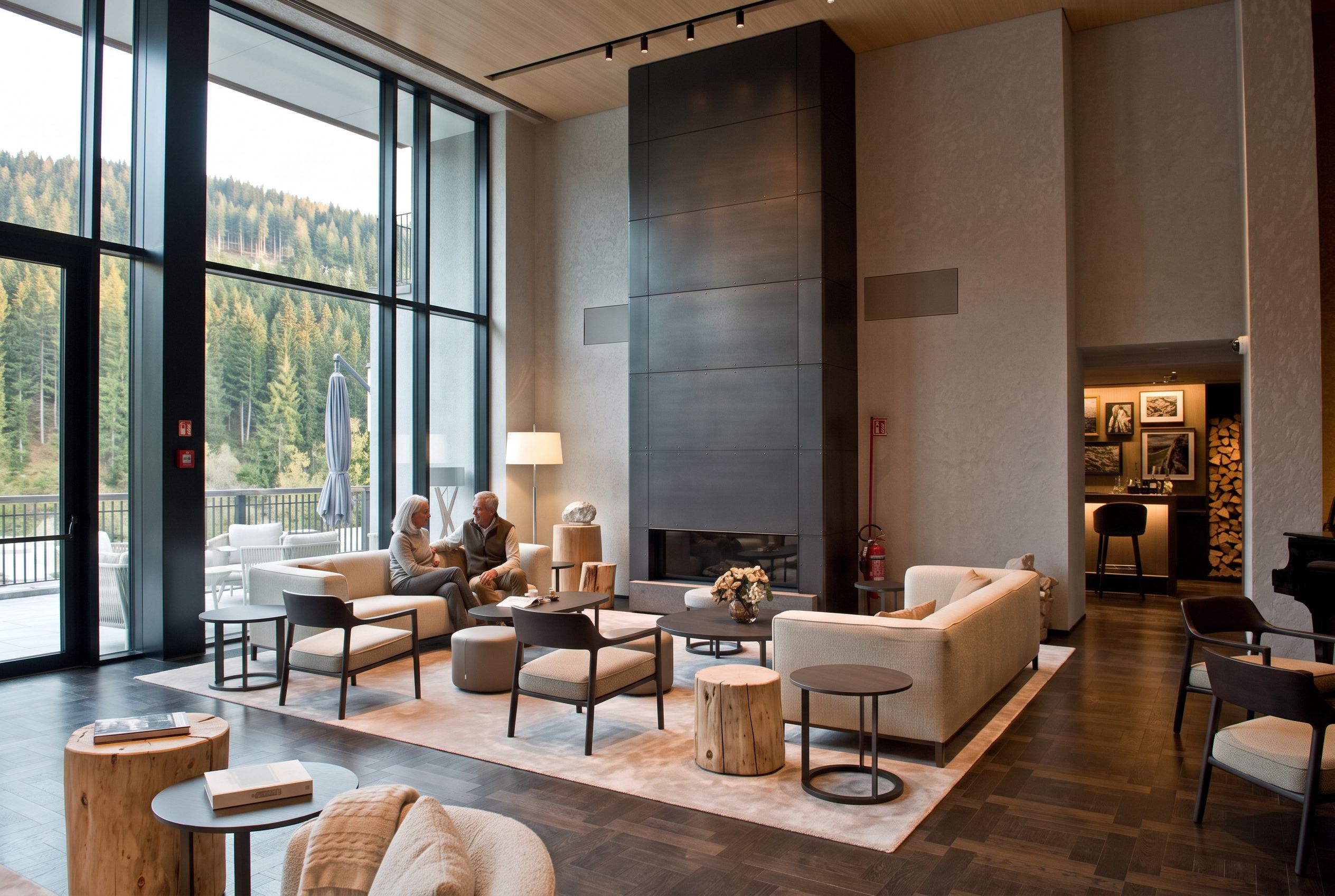 Aman Rosa Alpina lobby fireplace