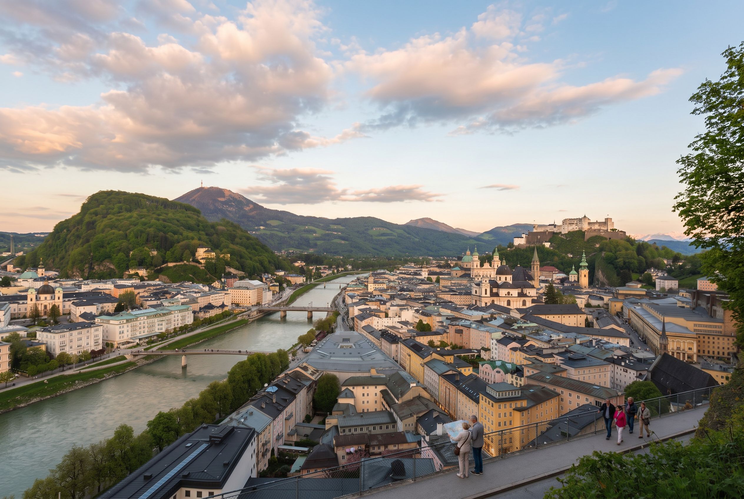 Salzach riverbank promenade Salzburg