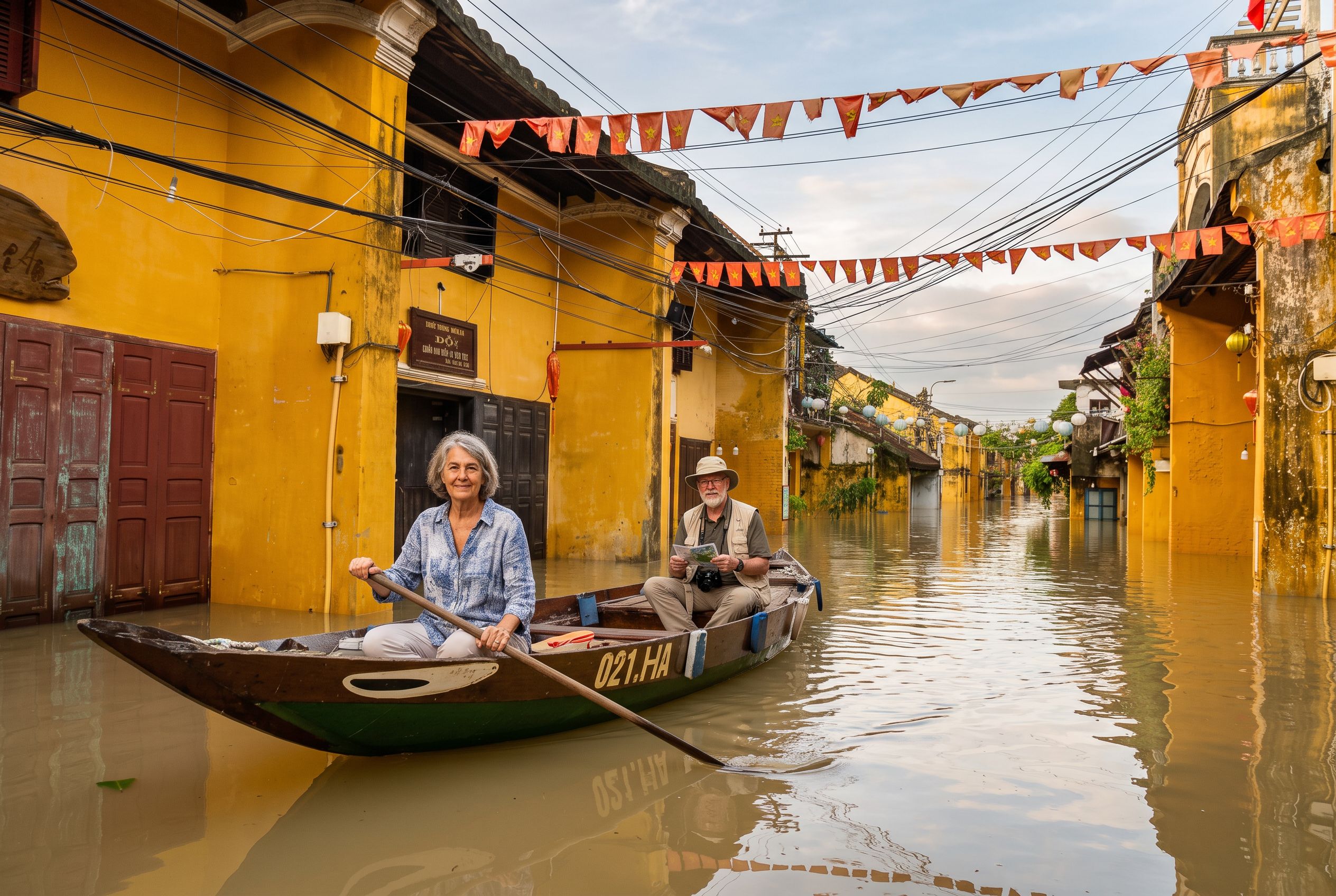 Hoi An flooded street boats
